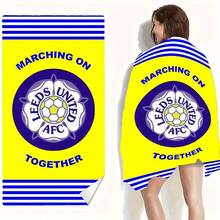 1pc Leeds United AFC Official Emblem & Striped Beach Towel - Absorbent Quick-Dry Polyester Blend, Soft Lightweight For Summer Beach, Pool, Sports Fans - Blue & Yellow Geometric Design With "Marching Together" Lettering, Poolside Accessory, Contemporary Towel Design, Quickdry Fabric Beach Essentials - Multicolor - View 2