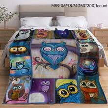 柔软温暖的法兰绒毯子，带有月亮和猫头鹰图案，舒适的毛绒毯子，适合猫头鹰爱好者