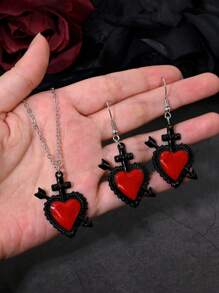 1 Set Gothic Goth Dunkel Kreuz Herz Anhänger Ohrringe & Halskette, Damen Alltagskleidung, Party, Halloween Geschenk