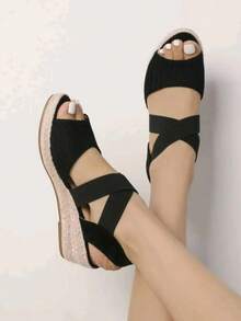 Peep-Toe Criss-Cross Jute Rope Wedge Heel Fashion Lightweight Women Shoes - Black - View 1