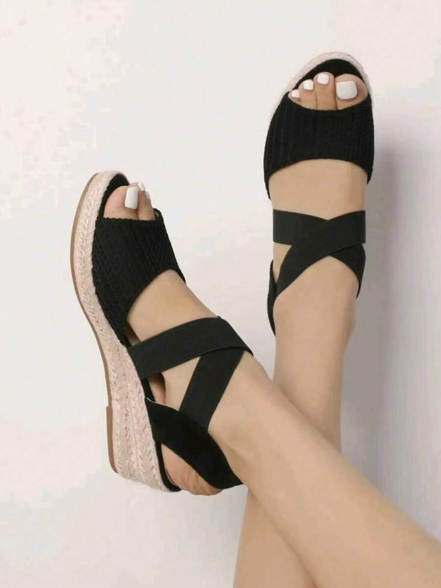 Peep-Toe Criss-Cross Jute Rope Wedge Heel Fashion Lightweight Women Shoes - Black - View 1