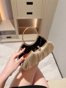 1pc Women's Elegant Box Pleated Design Evening Bag, Luxury Glitter Handle Clutch Purse, Charming Formal Dress Party Handbag Suitable For Dates, Balls, Birthdays, And Formal Occasions, Clutch Bag For Wedding - Gold - View 4