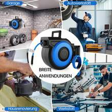 Enrollador de manguera de aire comprimido de 15 m + 2 m, anti-torsión, giratorio 180°, máx. 20 bar, Ø 9,5 mm, con acoplamientos rápidos metálicos monomanuales y soporte de pared.