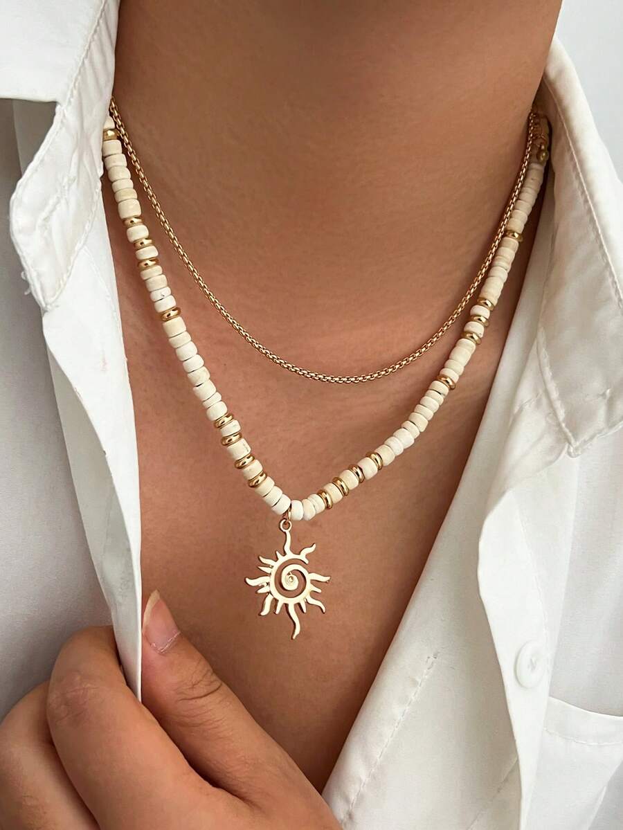 2 件波西米亚风格螺旋太阳吊坠椰子壳串珠项链，男士休闲度假饰品 - 金黃色 - 查看 1