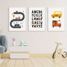 6pcs/Set Customized Canvas Posters Optional Frame, Transportation Prints, Vehicles Art Print, Printable Wall Art, Construction Nursery Art Posters, Boys Room Decor Posters, Alphabet Cars, Little Drivers Wall Arts