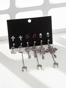 Set de 6 pares de pendientes de clip con diseño de calavera gótica, cruz con tachuelas y detalles de diamantes, versátil para Halloween