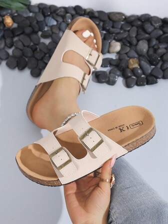 [Cork Slippers] 2pcs Adjustable Buckle Women's Casual Cork Slippers Open Toe Summer Walking Shoes, With Faux Leather Upper And Rubber Sole, 5 Colors Available, Casual Flat Sandals