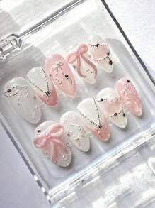 10 件手工杏仁指甲贴、粉色渐变蝴蝶结、珍珠链和 3D 贴花、可拆卸美甲套装（含果冻凝胶）、可重复使用艺术装饰按压指甲美甲用品