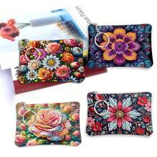 1pc DIY Flowers Diamond Art Coin Purse Pouch With Zipper - Size 12cm*9.2cm/4.72in*3.62in, PU Leather Crystal Rhinestone Diamond Painting Bags For Carry Cash And Daily Use, Fashionable Mini Change Bags, Card Bags, Great Gifts For Women, Friends And Family, Suitable For Birthday, Wedding, Thanksgiving, Christmas, New Year Holiday Festival Party - Multicolor - View 12