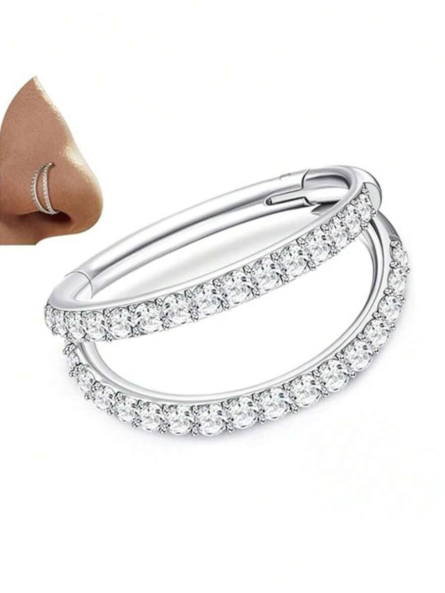 1 pieza Aro de septum con bisagra de doble cristal de CZ, de acero inoxidable hipoalergénico de 16G, con cierre, para perforaciones nasales, joyería para piercings corporales como labio, ombligo, pezón, de 8 mm y 10 mm, para mujeres y hombres