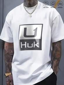 HUK U Graphic Tee Casual Oversize Men'S 100% Cotton T - Men'S Clothing, Men'S Summer Tops, Men'S T - Shirts Casual, Daily - Wear, Versatile, Basic Style, Plus Size2 - White - View 1
