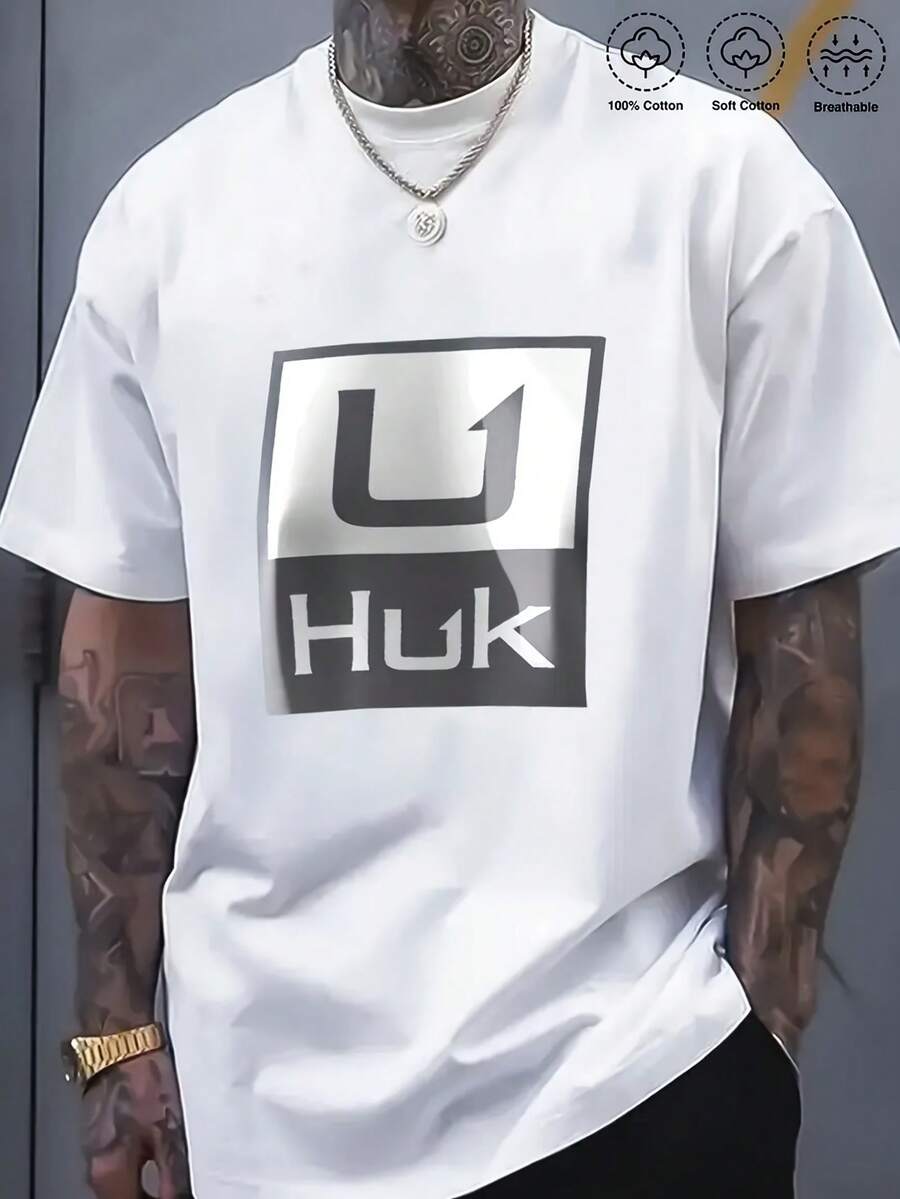 HUK U Graphic Tee Casual Oversize Men'S 100% Cotton T - Men'S Clothing, Men'S Summer Tops, Men'S T - Shirts Casual, Daily - Wear, Versatile, Basic Style, Plus Size2 - White - View 1