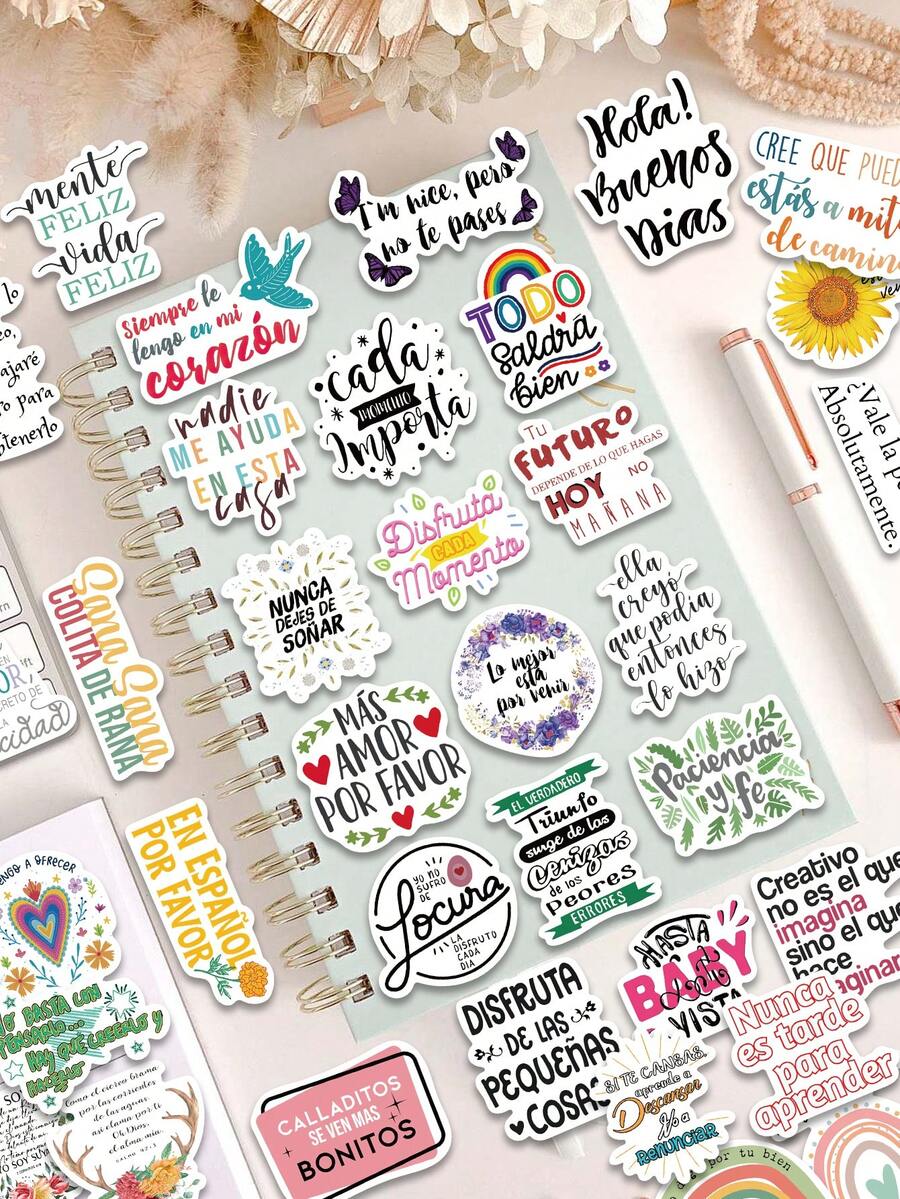 50pcs Spanish Inspirational Stickers For Notebook, Diary, Wall, Photo Frame, Photo Album, Teacher's Day, Halloween Gifts, School Supplies,Back To School - Multicolor - View 1