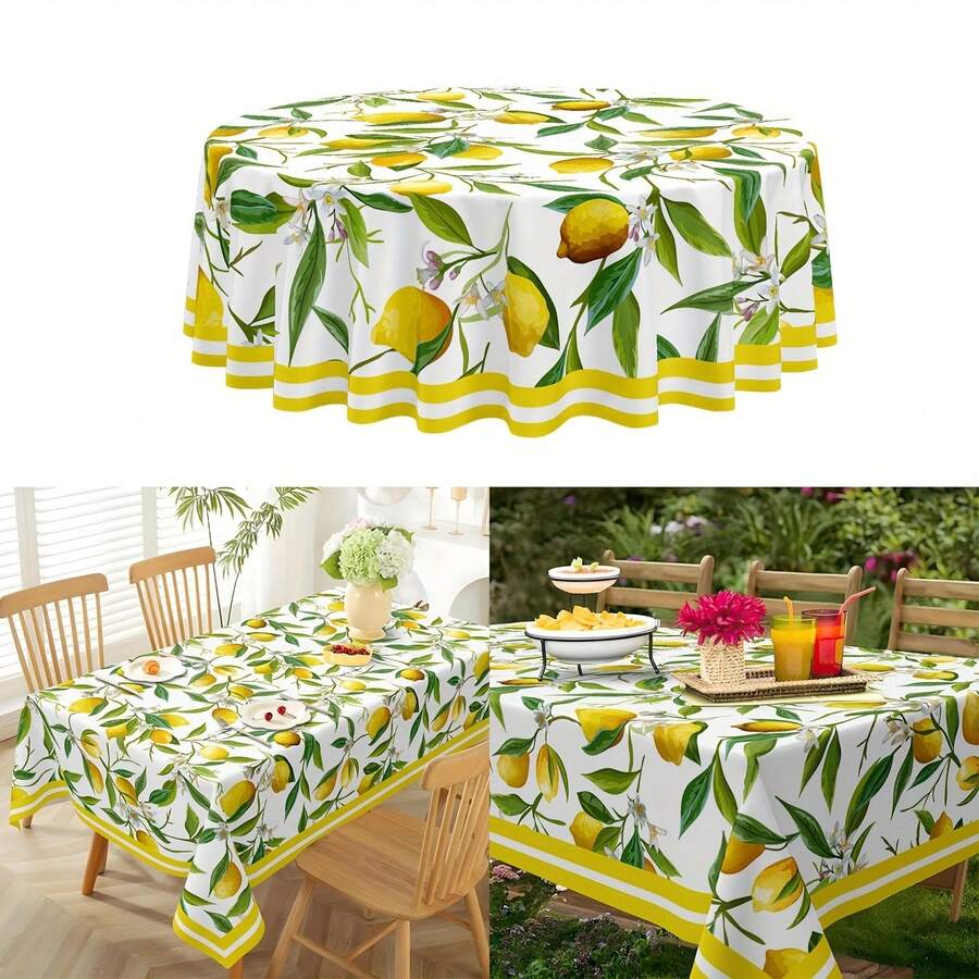 1 pièce Nappe citron et fleurs - Nappe en polyester jaune vif et verte avec motifs de citrons et de fleurs, imperméable, résistante aux taches, nappe épaisse réutilisable, idéale pour l'été, la maison, la cuisine et les fêtes de salle à manger, beau cadeau, fabriquée à la machine, rectangulaire, nappe de fête | Nappe florale | Nappe en polyester, décoration thème citron - Multicolore - Voir 1