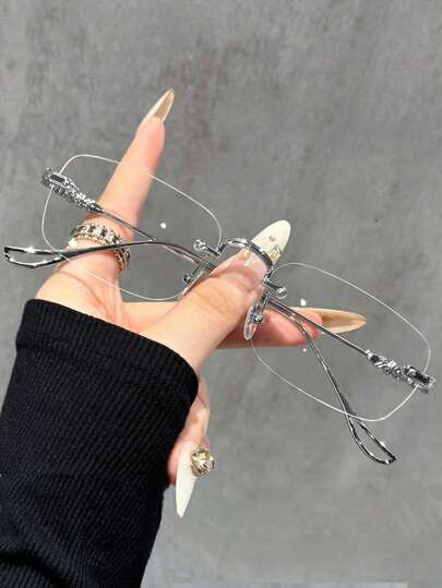 1pc Stylish Rimless Square Glasses For Women Fashion Non-Prescription Clear Lens Glasses Student Light Fashion Glasses Frame For Computer Reading Gaming TV Phones