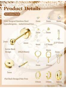 Milacolato Flat Back Earrings For Women Hypoallergenic Surgical Steel Earrings For Sensitive Ears-20G Cartilage Earring Stacks Gold Hoops Flatback Stud Earring Sets For Multiple Piercing - 彩色 - 查看 2