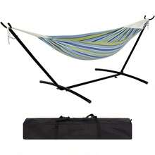 HomelyHues Heavy Duty Hammock, With Space-Saving Steel Stand & Portable Carrying Case, 450lb Capacity, Indoor/Outdoor Use - Blue and Green Stripes - View 1