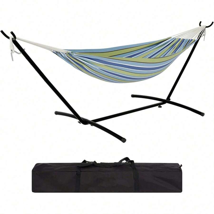 HomelyHues Heavy Duty Hammock, With Space-Saving Steel Stand & Portable Carrying Case, 450lb Capacity, Indoor/Outdoor Use - Blue and Green Stripes - View 1