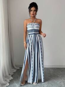 女士休闲优雅海滩波西米亚风露背系带连体裤，适合度假、旅行、夏季连体裤和返校季 - 藍白色 - 查看 5