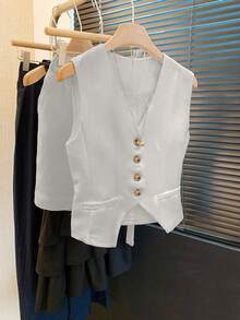 Women's Linen Sleeveless Blazer Vest And Shorts Set, Casual Holiday Outfit Spring/Summer - Light Grey - View 5