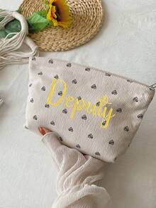 (Embroidered Custom) Beige Cute Makeup Bag Clutch, Heart Print, Corduroy Fabric, Comfortable Large Capacity Durable Portable Travel Storage Bag, Zipper Closure Washable, Dorm Essential Toiletry Bag, Suitable For Makeup Tools, Gift For Girls - Multicolor - View 8