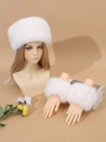 2pcs/Set Fashionable Solid Color Faux Fur Soft Fluffy Warm Headband And Arm Warmers, Autumn/Winter