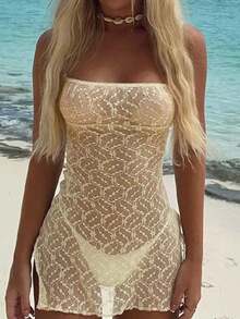 Bikini en dentelle sexy et cache-maillot fleuri pour femmes, design à fines bretelles et fente haute - essentiel pour l'été à la plage, élégant et gracieux, convient pour les festivals de musique country et Pâques - Nude - Voir 2