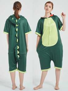 Pijama entallada infantil en forma de animal para verano, adecuada para niños y niñas de 4 a 13 años, de diseño neutro. Con motivos cartunescos suaves, es cómoda y apta para usar en el hogar, en actividades cotidianas y hasta para salir. Es un pijama entallado corto. - Verde - Ver 4