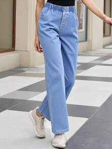 Girls' Relaxed Straight Leg Washed Denim Jeans, Casual & Versatile, Fashionable For Everyday Wear - Medium Wash - View 3