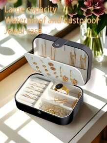 1pc Portable Travel Jewelry Storage Box, Waterproof PU Jewelry Organizer Box, Large Capacity Jewelry Display Case For Earrings, Necklaces, Rings, Watches, Bracelets, Lipsticks, Suitable For Travel, Holiday, Beach, Gift For Couple, Wife, Girlfriend, Mother, Birthday, Valentine's Day, Christmas For Women Storage Organizer Travel Essentials Back To School Dormitory Storage