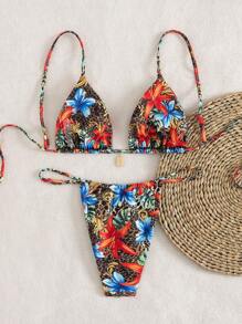 2 Pieces Women Tropical Floral & Leopard Print Tie Front Bikini Set, Vacation Casual Summer Swimwear