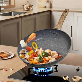 Non-Stick Granite Frying Pan With Wooden Handle - No PFOA, A Chef-Specific Flat Pan Suitable For Induction Cookers, Suitable For Boiling Eggs, Omelette Rolls, Etc. - Dishwasher Washable, Smooth Surface Cookware, Essential For Breakfast | Modern Kitchen Tools | Kitchenware, Family Dinner Supplies, Party Supplies