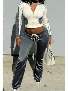 2pcs/Set European Style Women's Striped Colorblock Zipper High Waist Drawstring Pants Suit, All Season