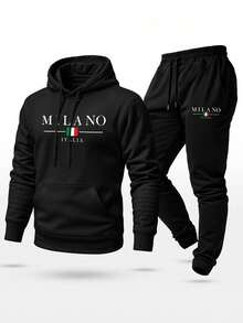 Unisex Sweatshirt Set With Milano Italy Print, Pants And Hooded Top With  Pocket - 黑色 - 查看 1