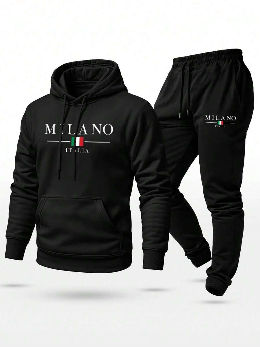 Unisex Sweatshirt Set With Milano Italy Print, Pants And Hooded Top With Pocket - 黑色 - 查看 1