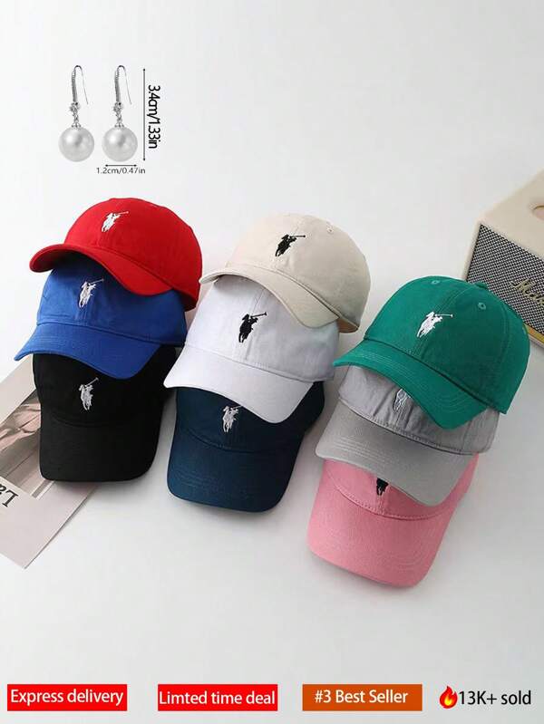 POLOGWON New Horse Embroidered Outdoor Casual Sun Protective Hat, Adjustable Baseball Cap; Pearl Earrings, Suitable For Men & Women, All Seasons, Daily Wear