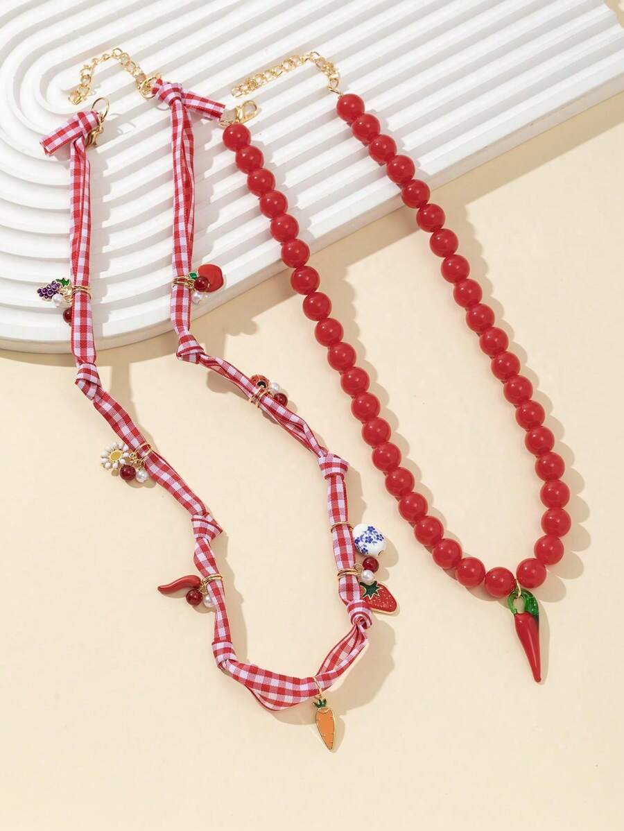 1pc Women Red Plastic Fruit Design Necklace, Suitable For Daily Wear