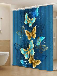 1/4 pièces Ensemble de rideaux de douche avec papillons dorés brillants - Fond bleu haut de gamme avec impression de papillons dorés, en tissu de polyester, imperméable et facile à nettoyer, 12 crochets, tapis antidérapant, tapis de sol en U, housse de siège de toilette - idéal pour le dortoir, la décoration de salle de bain de la maison, toutes les saisons