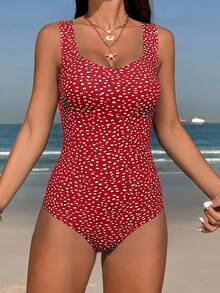 Women's Fashion Full Print Backless One-Piece Swimsuit, Suitable For Vacation - Red - View 3