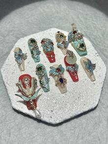 10 件龙凤中式奢华按压指甲手工制作繁荣古典婚礼长美甲中国新年礼物假指甲棺材指甲/按压指甲长/指甲用品（1 张果冻贴纸+1 个指甲锉） - 彩色 - 查看 4