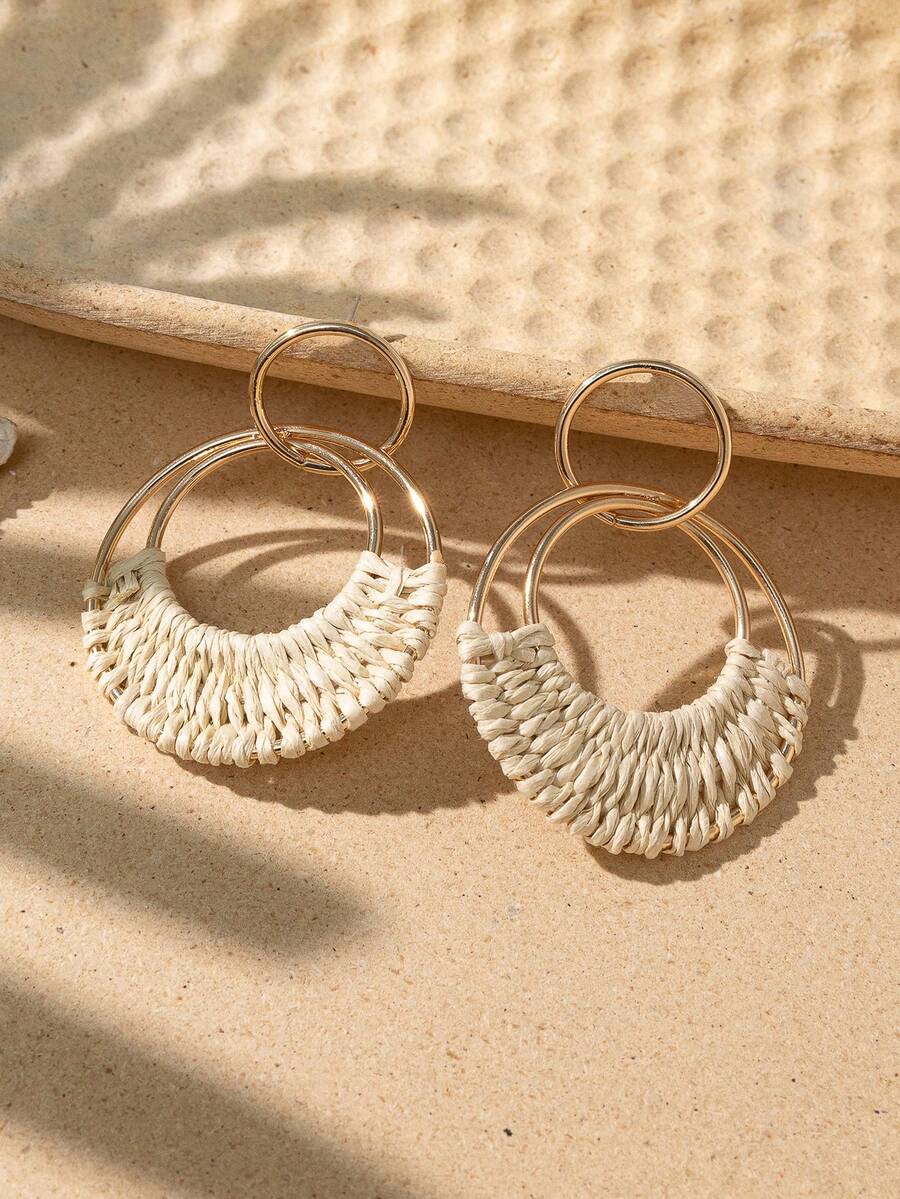 1 对波西米亚风格拉菲草环状耳环，海滩度假配饰，蓝色、粉色、米色，适合日常佩戴或度假