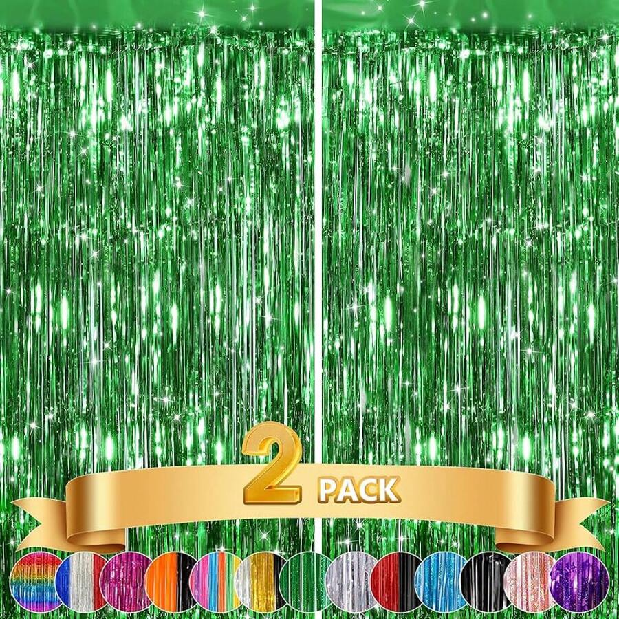 2Pack Silver Metallic Tinsel Foil Fringe Curtains, Door Streamer Photo Booth Backdrop Birthday Wedding, Graduation Engagement Bridal Shower Bachelorette Party Decorations Dancing Ball Party - 綠色 - 查看 1