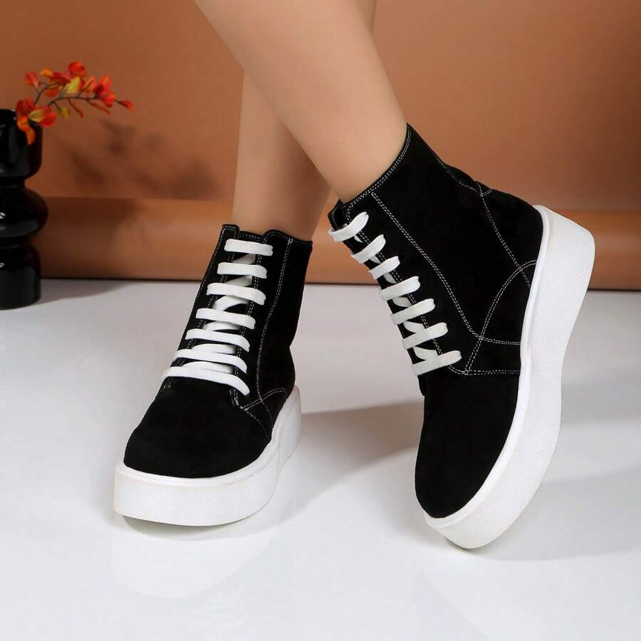 Tênis de Moda Feminina 2025 Primavera Outono, Tênis Esportivos, Sapatos Casuais com Sola Grossa e Respiráveis, Botas Estilosas Mid-Calf com Cadarços e Zíper Lateral