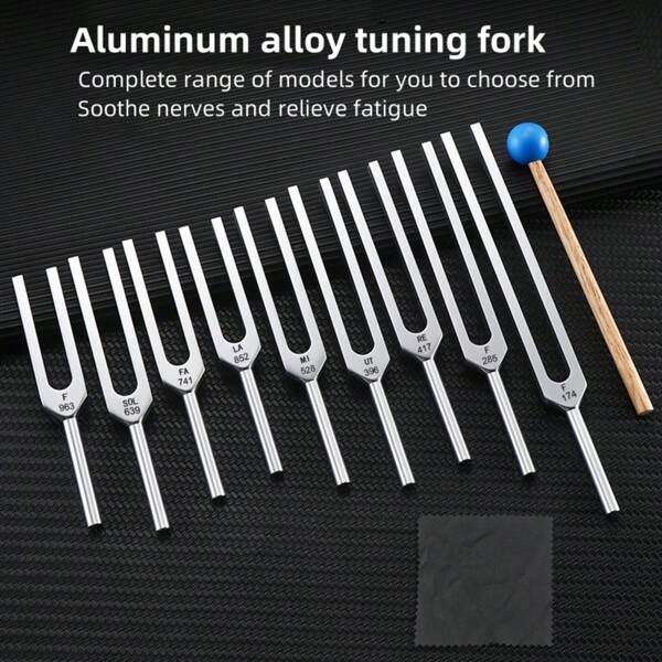 11pcs Aluminum Alloy Tuning Forks Set, With 3 Color Options, Including Blue Mallet, Small Cleaning Cloth, And Tuning Fork Storage Bag. This Tuning Forks Kit Is For Sound Frequency Relaxation, Yoga, And Meditation, Ideal Gift For Women