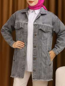 Casual Woven Fabric Button Front Pocket Frayed Trim Jacket, Everyday Wear - Light Grey - View 5