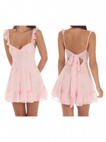 Women's Aesthetic Coquette Mini Dress Ruffle Strap A-Line Dress Tie Back Backless Dress  Summer Outfits - Hồng - Xem 6