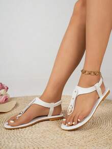 女士加大码加宽铆钉花卉弹力一脚蹬镂空露趾防滑户外舒适平底凉鞋，有白色、黑色、棕色、米色、绿色、蓝色、金色、橙色、黄色可选 - 白色 - 查看 4