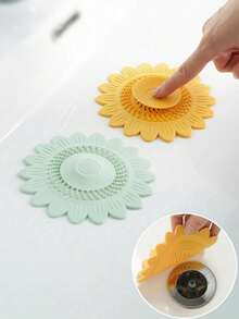 1pc Flower Push-On Sink Drain Filter, Flower Design Sink Drain Cover, Hair Filter And Drain Plug, Deodorant Drain Plug, Sunflower Drain With Deodorizing Function, Suitable For Bathtub, Sink, Kitchen, Bathroom Accessories - Multicolor - View 2