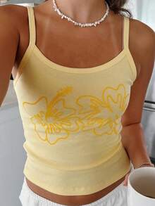 Women Y2k Flower Hibiscus Spaghetti Strap Tank Tops Sleeveless Backless Fitted Camisole Teen Girls Coastal Beach Cami Shirt - 黃色 - 查看 2