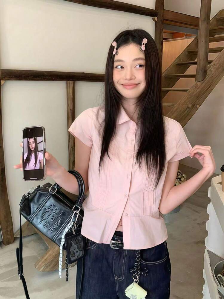 Women Summer Solid Color Casual Turndown Collar Short Sleeve Blouse